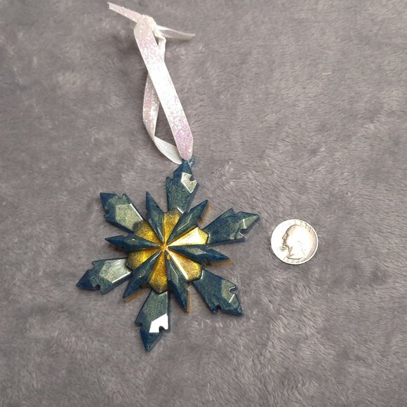 Handmade Snowflake Christmas Tree Ornaments Resin Ribbon Hangers Blue & Gold - Picture 7 of 7